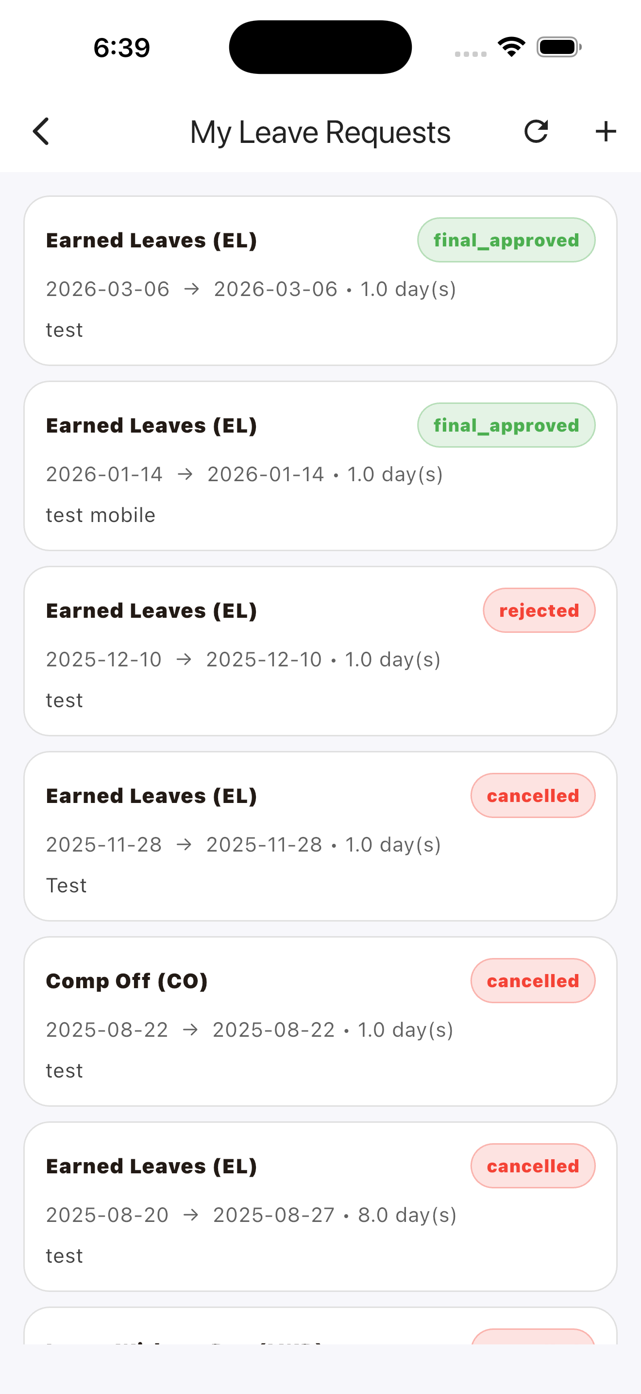 HRSoft mobile leave request screen